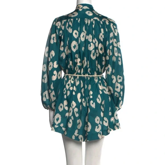 Zimmermann Silk Teal Long Sleeve Animal Leopard Gold Print Romper S / 4